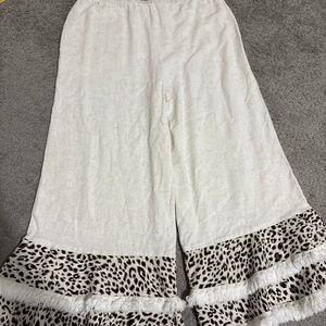 Umgee Linen Blend in Beige with Animal Print Ruffled Hem Pants
